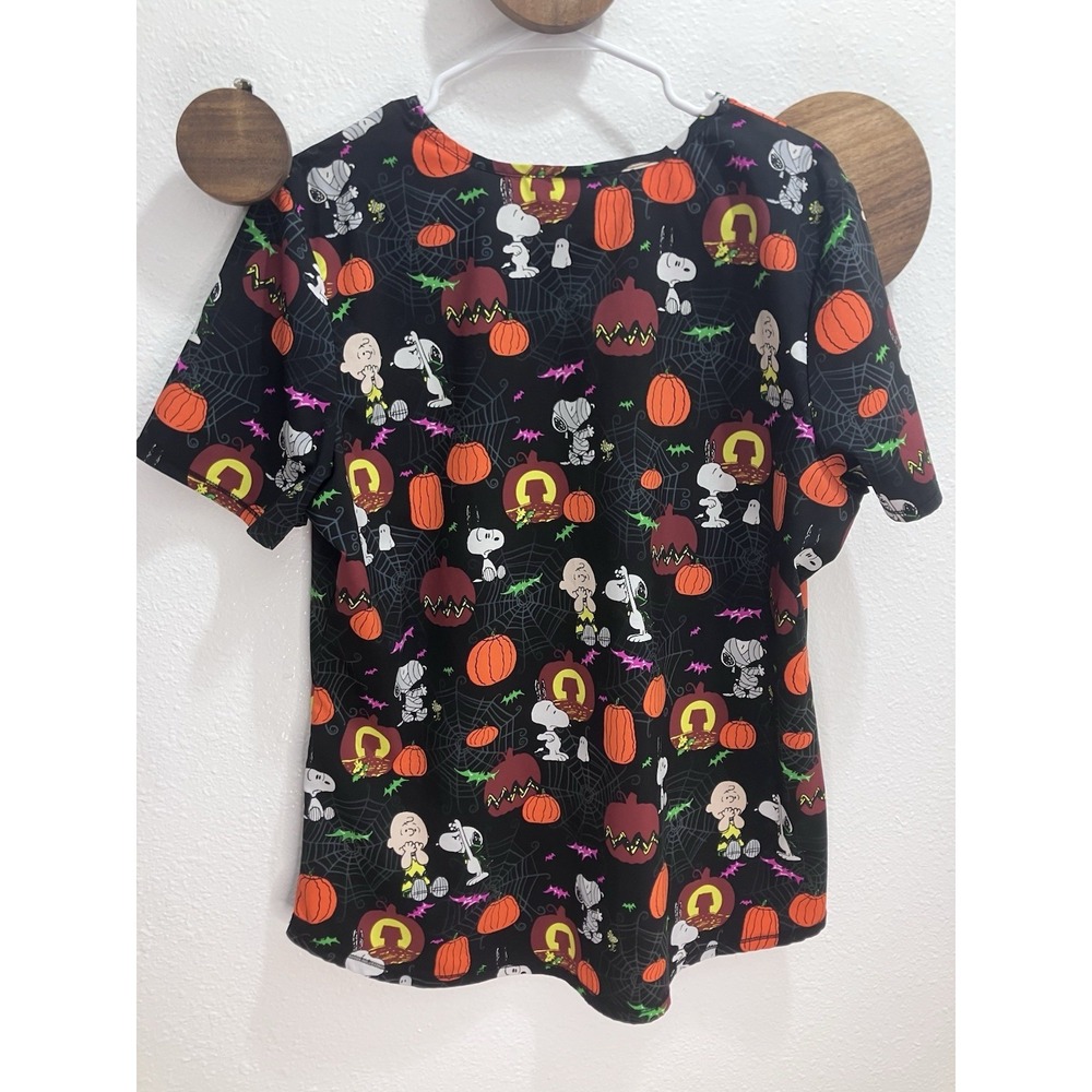 Peanuts Nurse Scrub Top Womens Large Black Halloween Snoopy Charlie Brown Cute - Picture 5 of 7